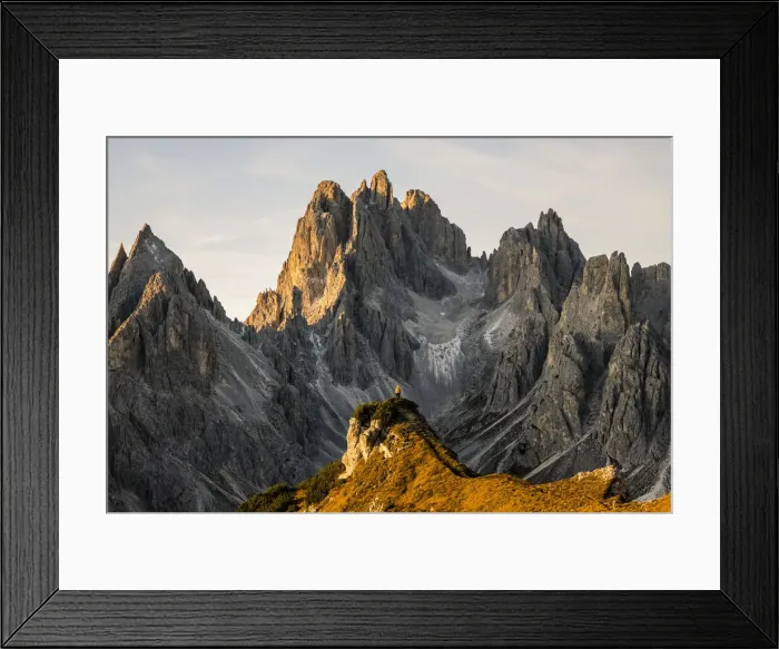 Framed Print : Italy, Veneto, Belluno district, Auronzo di Cadore, hiker surrounded by the peaks of Cadini Framed Print : Italy, Veneto, Belluno district, Auronzo di Cadore, hiker surrounded by the peaks of Cadini