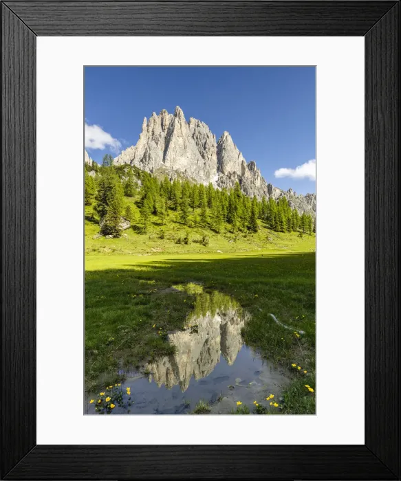 Framed Print : Italy, Veneto, Belluno province, Auronzo di Cadore, Cadini di Misurina are reflected in a