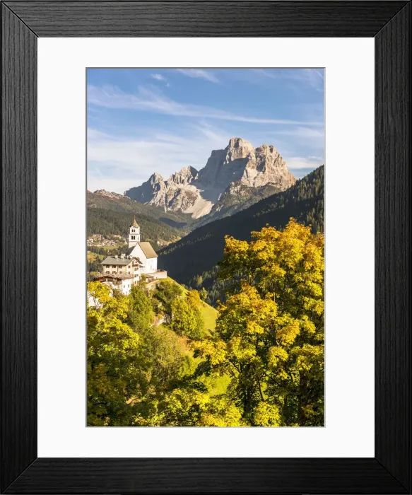 Framed Print : Italy, Veneto, province of Belluno, the iconic church of Colle Santa Lucia with mount Framed Print : Italy, Veneto, province of Belluno, the iconic church of Colle Santa Lucia with mount