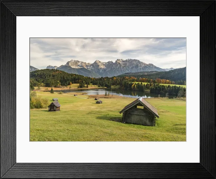 Framed Print : Lodges with Gerold lake and Karwendel Alps in the background Framed Print : Lodges with Gerold lake and Karwendel Alps in the background