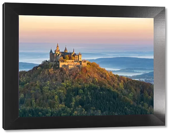Hohenzollern castle in autumnal scenery at dawn. Hechingen, Baden-Wurttemberg, Germany
