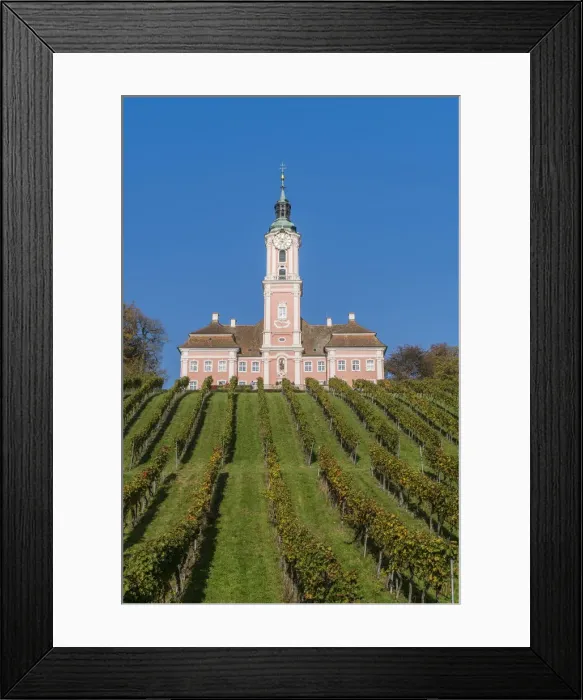 Framed Print : Birnau sanctuary and vineyards from below. Uhldingen-Muhlhofen, Baden-Wurttemberg, Germany Framed Print : Birnau sanctuary and vineyards from below. Uhldingen-Muhlhofen, Baden-Wurttemberg, Germany