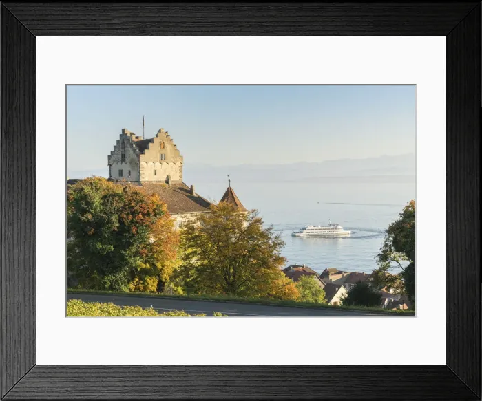 Framed Print : Ferry-boat cruising on Lake Constance. and the Old castle. Meersburg, Baden-Wurttemberg, Germany Framed Print : Ferry-boat cruising on Lake Constance. and the Old castle. Meersburg, Baden-Wurttemberg, Germany
