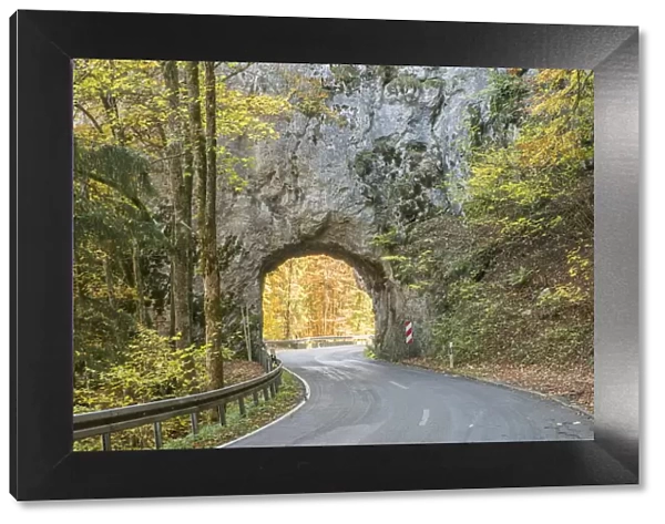Road and rock gallery. Upper Danube Nature Park, Beuron, Baden-Wurttemberg, Germany