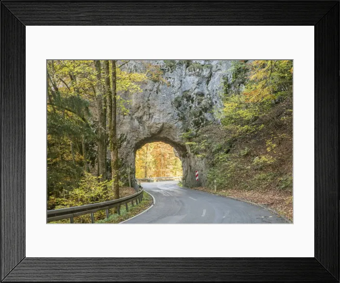 Framed Print : Road and rock gallery. Upper Danube Nature Park, Beuron, Baden-Wurttemberg, Germany