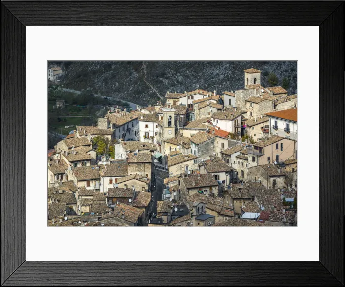 Framed Print : Winter view of authentic medieval villages from above. Scanno, province of L Aquila Framed Print : Winter view of authentic medieval villages from above. Scanno, province of L Aquila