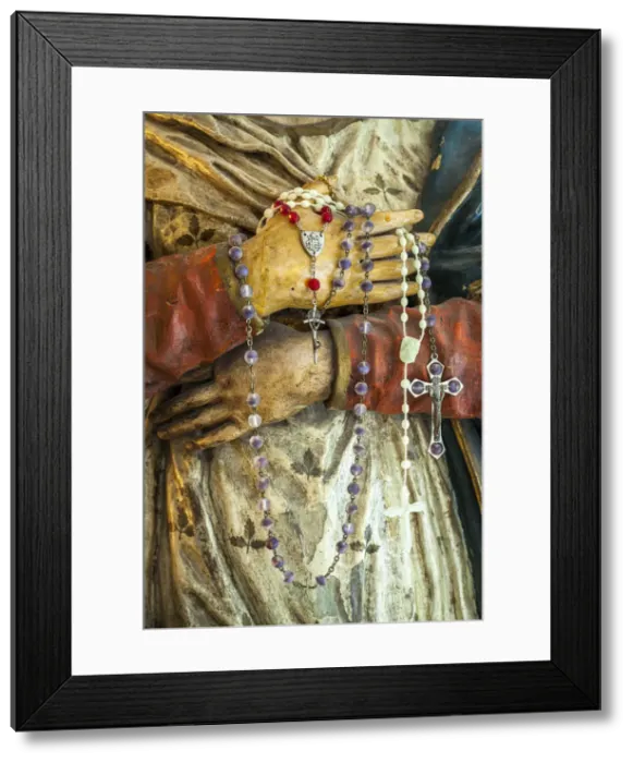 Framed Print : Devotional rosaries in the hands of the wooden statue of Mary. Abruzzo, Italy Framed Print : Devotional rosaries in the hands of the wooden statue of Mary. Abruzzo, Italy