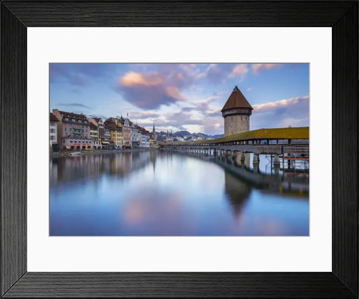 Framed Print : View of the Kapellbrucke bridge and the Wasserturm at sunset reflected on the Reuss river. Lucerne, canton of Lucerne, Switzerland Framed Print : View of the Kapellbrucke bridge and the Wasserturm at sunset reflected on the Reuss river. Lucerne, canton of Lucerne, Switzerland