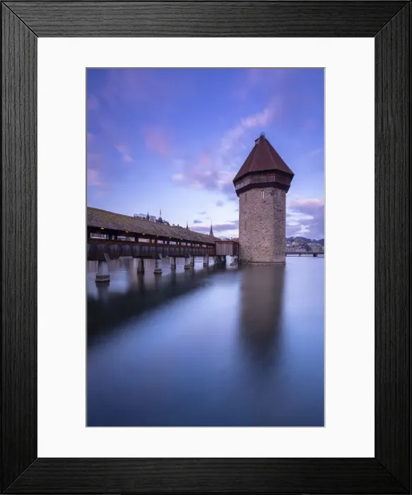 Framed Print : View of the Kapellbrucke bridge and the Wasserturm at sunset reflected on the Reuss river. Lucerne, canton of Lucerne, Switzerland Framed Print : View of the Kapellbrucke bridge and the Wasserturm at sunset reflected on the Reuss river. Lucerne, canton of Lucerne, Switzerland