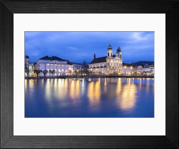 Framed Print : View of the Jesuit Church and the old town of Lucerne at blue hour reflected on the Reuss