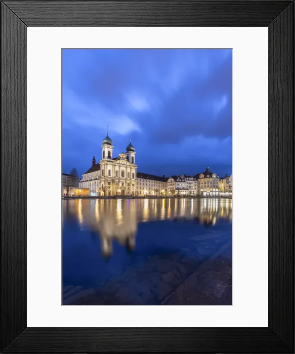 Framed Print : View of the Jesuit Church and the old town of Lucerne at blue hour reflected on the Reuss Framed Print : View of the Jesuit Church and the old town of Lucerne at blue hour reflected on the Reuss