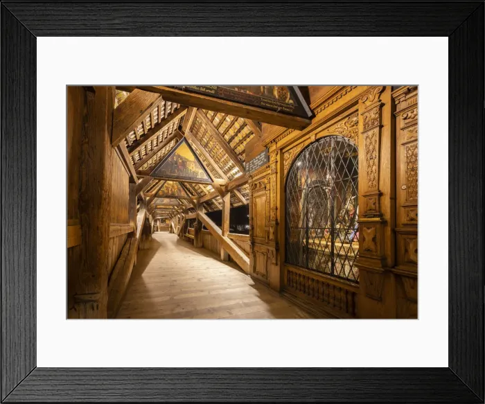 Framed Print : View of the wooden footbridge of Spreuerbrucke at night with the paintings of the Totentanz cycle by Kaspar Meglinger. Lucerne, canton of Lucerne, Switzerland Framed Print : View of the wooden footbridge of Spreuerbrucke at night with the paintings of the Totentanz cycle by Kaspar Meglinger. Lucerne, canton of Lucerne, Switzerland