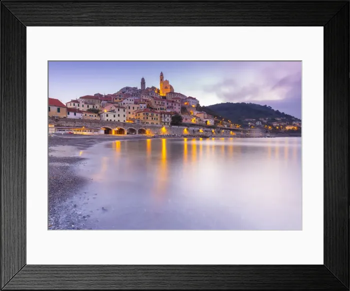 Framed Print : View of the colorful town and beach of Cervo at sunrise Framed Print : View of the colorful town and beach of Cervo at sunrise