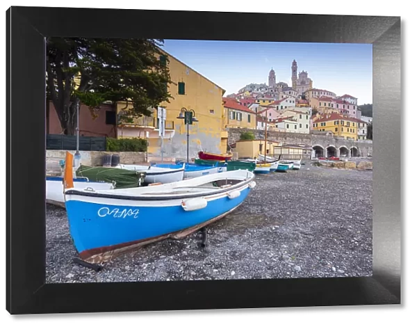 Town of Cervo and boat on its beach. Cervo, Imperia province, Ponente Riviera
