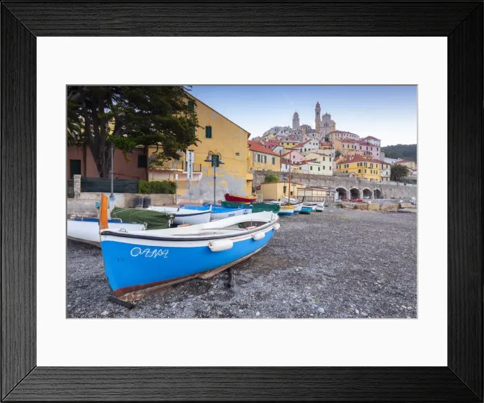 Framed Print : Town of Cervo and boat on its beach. Cervo, Imperia province, Ponente Riviera Framed Print : Town of Cervo and boat on its beach. Cervo, Imperia province, Ponente Riviera