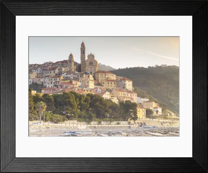 Framed Print : View of the colorful town and beach of Cervo at sunrise Framed Print : View of the colorful town and beach of Cervo at sunrise