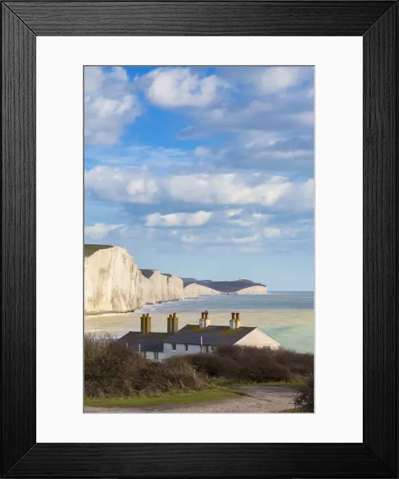 Framed Print : Seven Sisters cliffs and the coastguard cottages, from Seaford Head across the River Framed Print : Seven Sisters cliffs and the coastguard cottages, from Seaford Head across the River