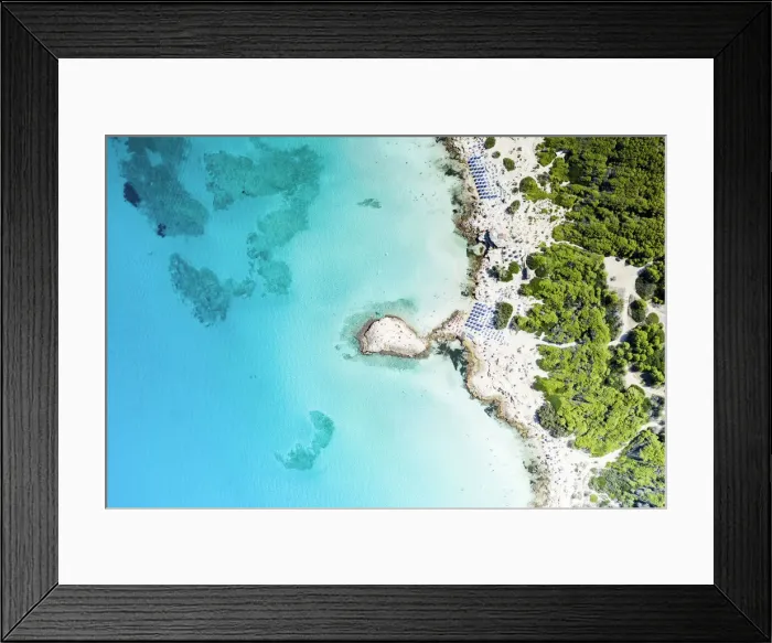 Framed Print : Beach umbrellas on sand beach and cliffs by turquoise sea from above, Punta della Suina Framed Print : Beach umbrellas on sand beach and cliffs by turquoise sea from above, Punta della Suina