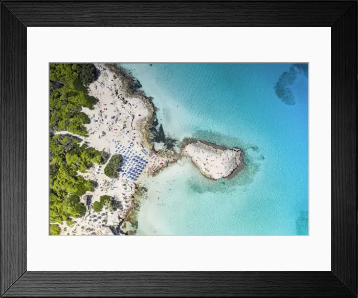Framed Print : Beach umbrellas on white sand beach by turquoise sea from above, Punta della Suina Framed Print : Beach umbrellas on white sand beach by turquoise sea from above, Punta della Suina