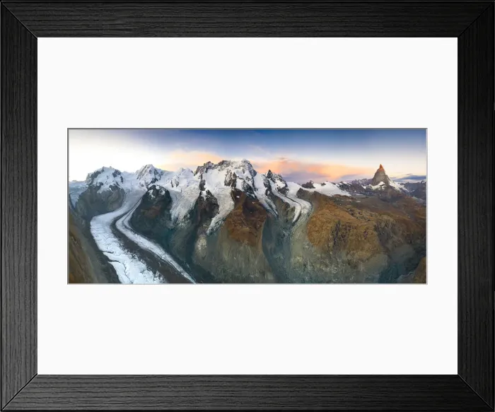 Framed Print : Sunrise over majestic Matterhorn and Gorner Glacier (Gornergletscher), aerial view Framed Print : Sunrise over majestic Matterhorn and Gorner Glacier (Gornergletscher), aerial view
