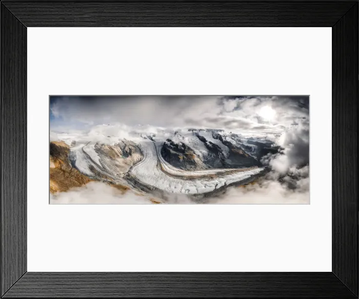 Framed Print : Aerial panoramic of Gorner Glacier (Gornergletscher) covered by clouds, Zermatt Framed Print : Aerial panoramic of Gorner Glacier (Gornergletscher) covered by clouds, Zermatt