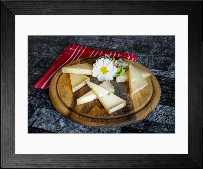 Framed Print : Selection of typical italian cheese in wood chopping board Framed Print : Selection of typical italian cheese in wood chopping board