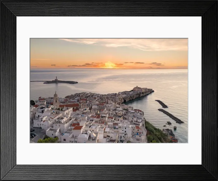Framed Print : White buildings by the sea at dawn, aerial view, Vieste, Foggia province