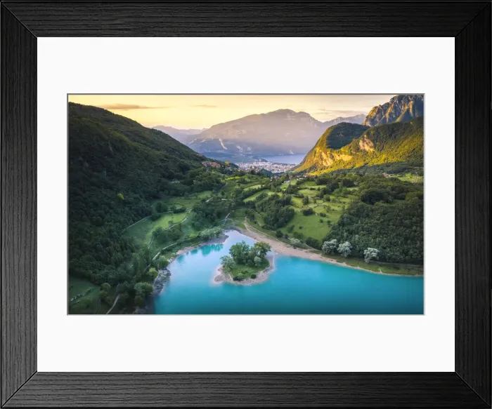 Framed Print : Sunrise in Tenno Lake with Riva del Garda and Baldo mountain on the background