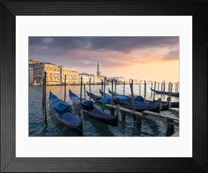 Framed Print : Sunset with gondolas and St. Mark belltower. Venice, Veneto, Italy Framed Print : Sunset with gondolas and St. Mark belltower. Venice, Veneto, Italy