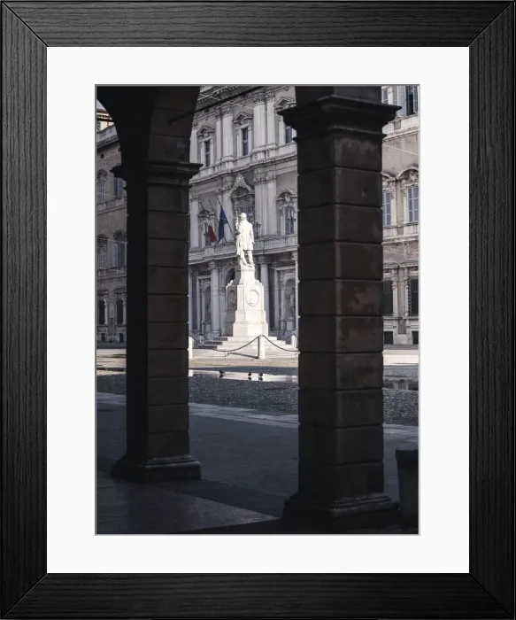 Framed Print : Piazza Roma, iconic square in Modena old town, with. Ciro Menotti statue Modena Framed Print : Piazza Roma, iconic square in Modena old town, with. Ciro Menotti statue Modena