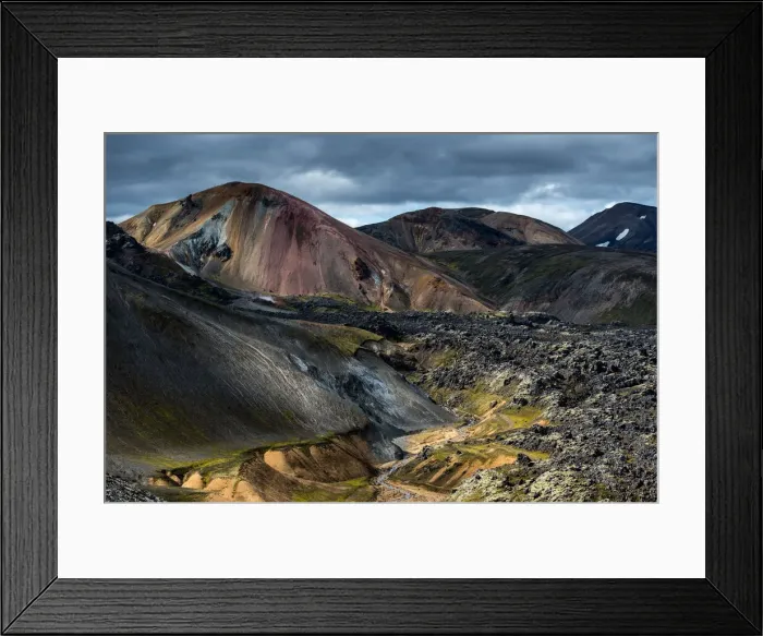 Framed Print : Colored mountains and lava camp in highlands of Iceland, Landmannalaugar, Iceland
