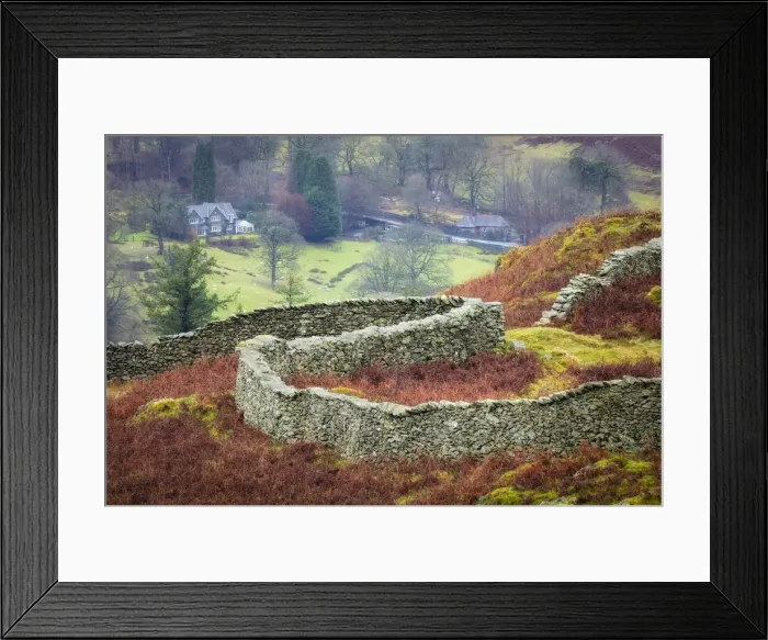 Framed Print : Curving dry stone wall on Loughrigg Fell near Ambleside, Lake District National Park Framed Print : Curving dry stone wall on Loughrigg Fell near Ambleside, Lake District National Park
