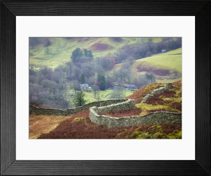 Framed Print : Curving dry stone wall on Loughrigg Fell near Ambleside, Lake District National Park Framed Print : Curving dry stone wall on Loughrigg Fell near Ambleside, Lake District National Park