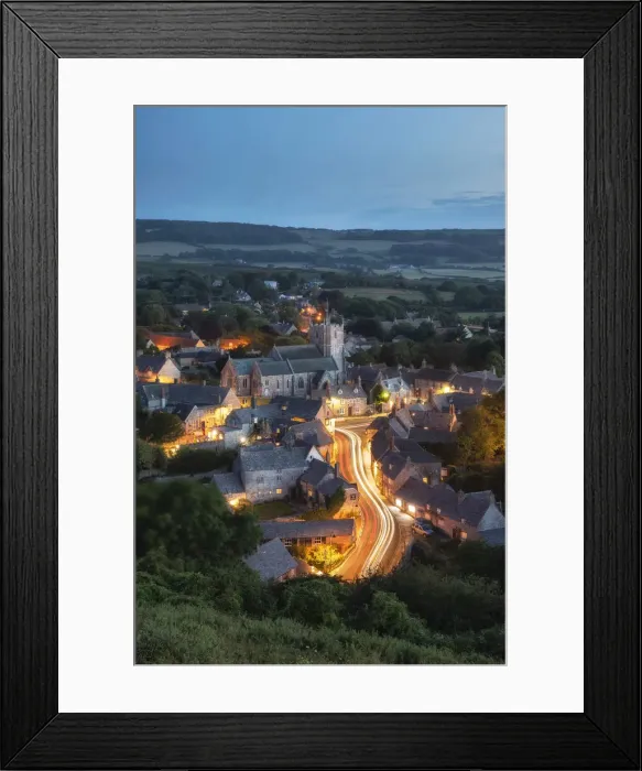 Framed Print : Corfe Castle village at dusk viewed from East Hill, Dorset, England, UK Framed Print : Corfe Castle village at dusk viewed from East Hill, Dorset, England, UK