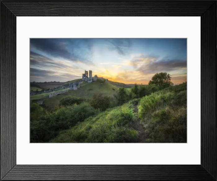 Framed Print : Corfe Castle at sunset, Isle of Purbeck, Dorset, England, UK Framed Print : Corfe Castle at sunset, Isle of Purbeck, Dorset, England, UK
