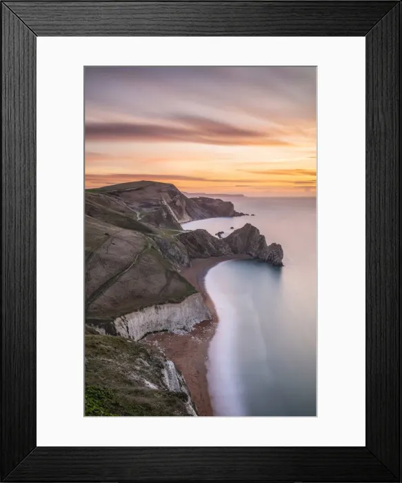 Framed Print : Durdle Door at sunrise from Swyre Head, Lulworth, Isle of Purbeck