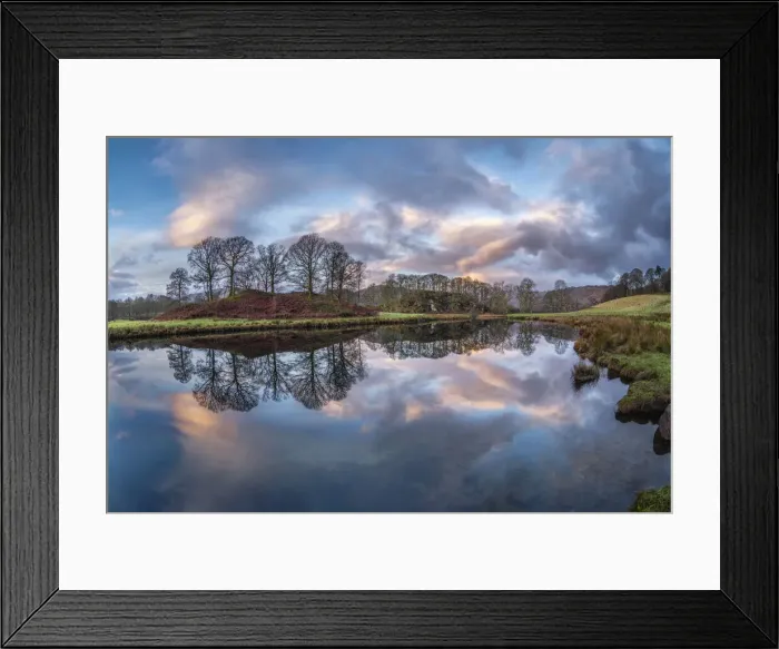 Framed Print : Sunrise reflected in the River Brathay near Elter Water, Lake District National Park Framed Print : Sunrise reflected in the River Brathay near Elter Water, Lake District National Park