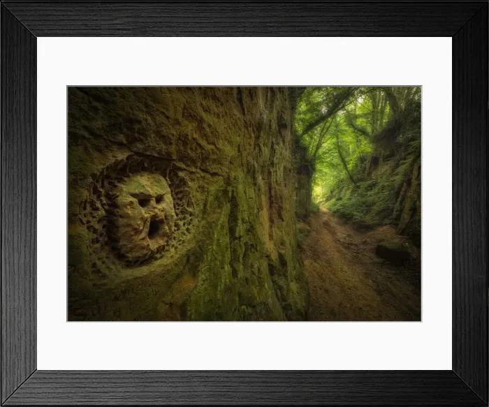 Framed Print : Carving in rock along Shutes Lane, Sunken Lane (Holloway), Symondsbury, Bridport, Dorset