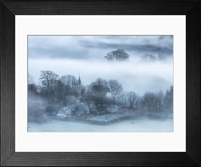 Framed Print : Mist around Melbury Abbas church from Melbury Hill, Cranborne Chase, Dorset, England, UK Framed Print : Mist around Melbury Abbas church from Melbury Hill, Cranborne Chase, Dorset, England, UK