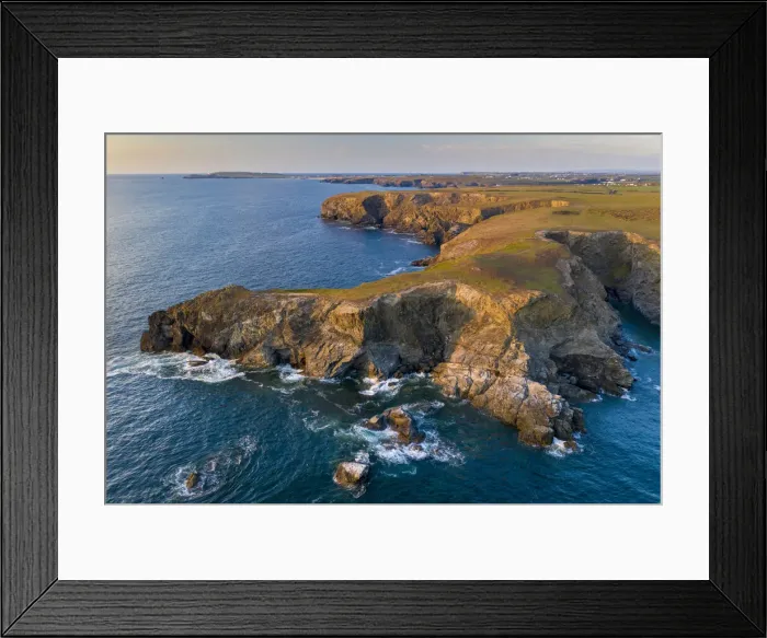 Framed Print : Aerial view of North Cornish rugged coastline in evening light, Park Head, Cornwall Framed Print : Aerial view of North Cornish rugged coastline in evening light, Park Head, Cornwall