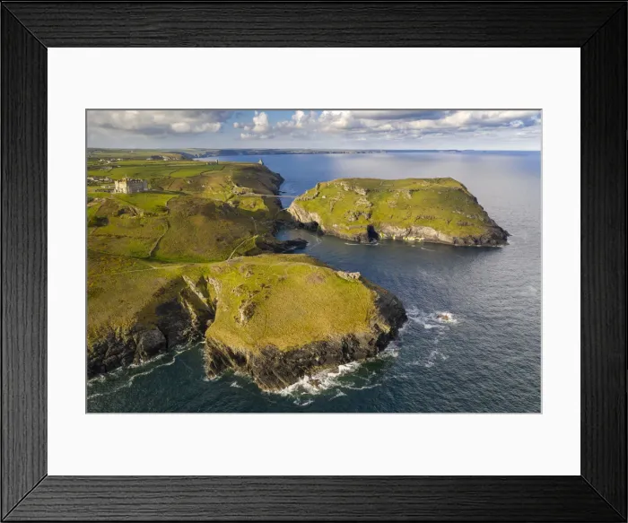 Framed Print : Aerial vista of Tintagel Castle and nearby Cornish coastline, Cornwall, England Framed Print : Aerial vista of Tintagel Castle and nearby Cornish coastline, Cornwall, England