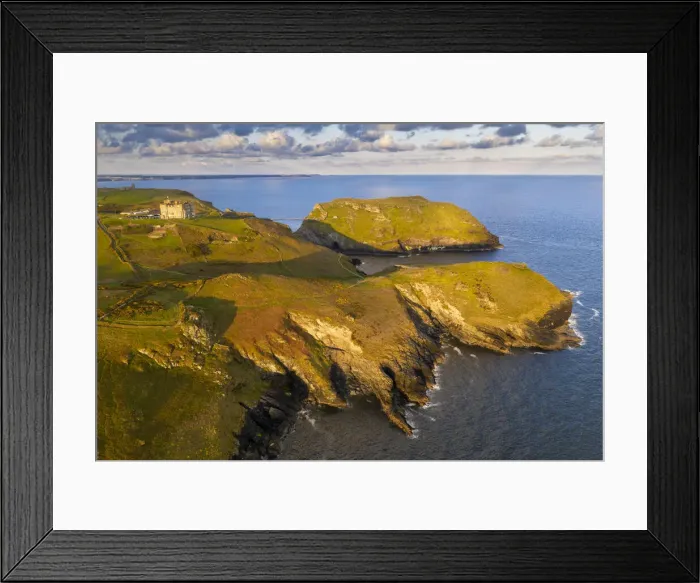 Framed Print : Aerial vista of Tintagel Castle and nearby Cornish coastline at dawn, Cornwall, England Framed Print : Aerial vista of Tintagel Castle and nearby Cornish coastline at dawn, Cornwall, England