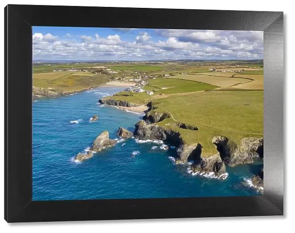 Aerial view of Porthcothan Bay on a sunny spring afternoon, Porthcothan, North Cornwall