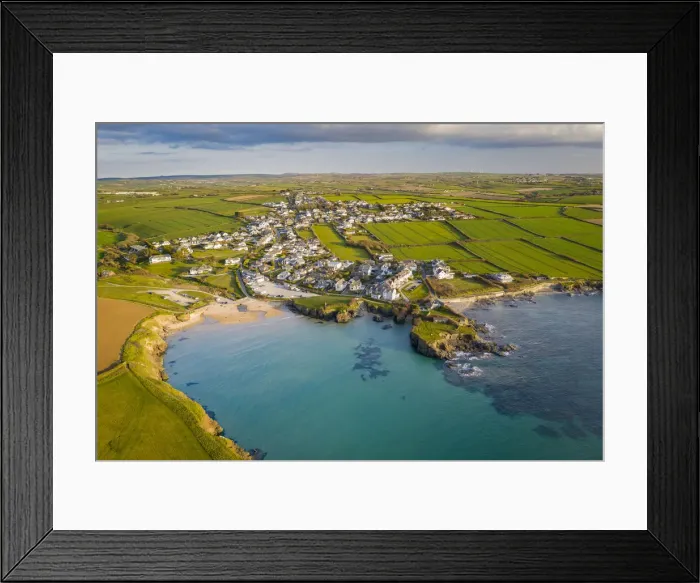 Framed Print : Aerial view of Trevone Beach and village in evening sunlight, Trevone, Cornwall, England