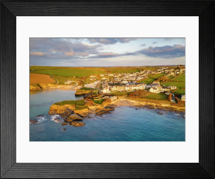 Framed Print : Aerial view of Trevone Bay, beach and village in evening sunlight, Trevone, Cornwall Framed Print : Aerial view of Trevone Bay, beach and village in evening sunlight, Trevone, Cornwall