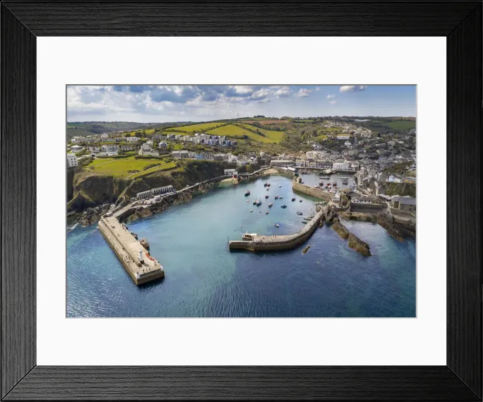 Framed Print : Aerial view of Mevagissey harbour on a sunny spring day, Mevagissey, Cornwall, England Framed Print : Aerial view of Mevagissey harbour on a sunny spring day, Mevagissey, Cornwall, England