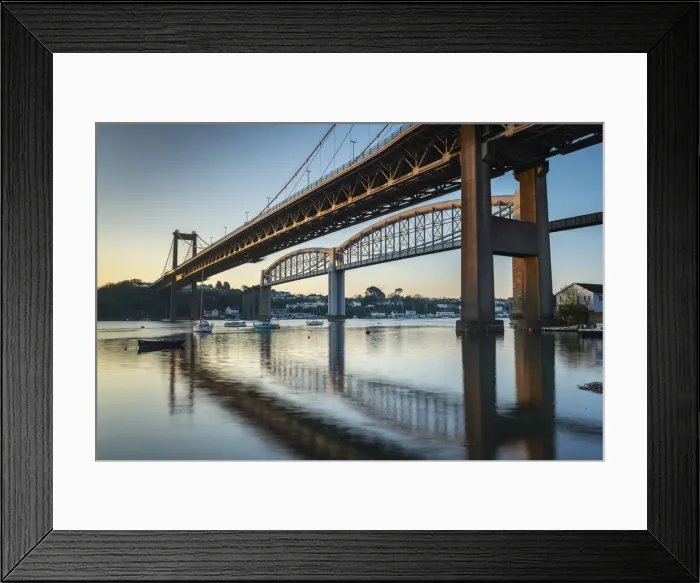 Framed Print : Early morning sun lights up the Tamar Bridge and Royal Albert Bridge Framed Print : Early morning sun lights up the Tamar Bridge and Royal Albert Bridge