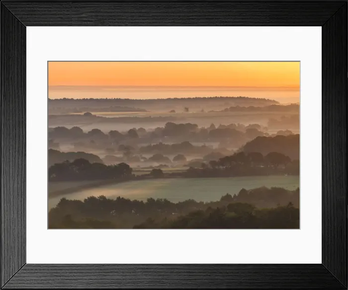 Framed Print : Misty Landscape, near Corfe Castle, Dorset, England Framed Print : Misty Landscape, near Corfe Castle, Dorset, England