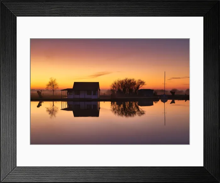 Framed Print : Cabin Reflecting in River Thurne at Sunset, Norfolk Broads National Park, Norfolk Framed Print : Cabin Reflecting in River Thurne at Sunset, Norfolk Broads National Park, Norfolk