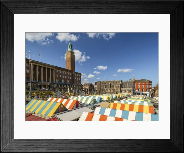 Framed Print : Norwich Marketplace & City Hall, Norfolk, England Framed Print : Norwich Marketplace & City Hall, Norfolk, England